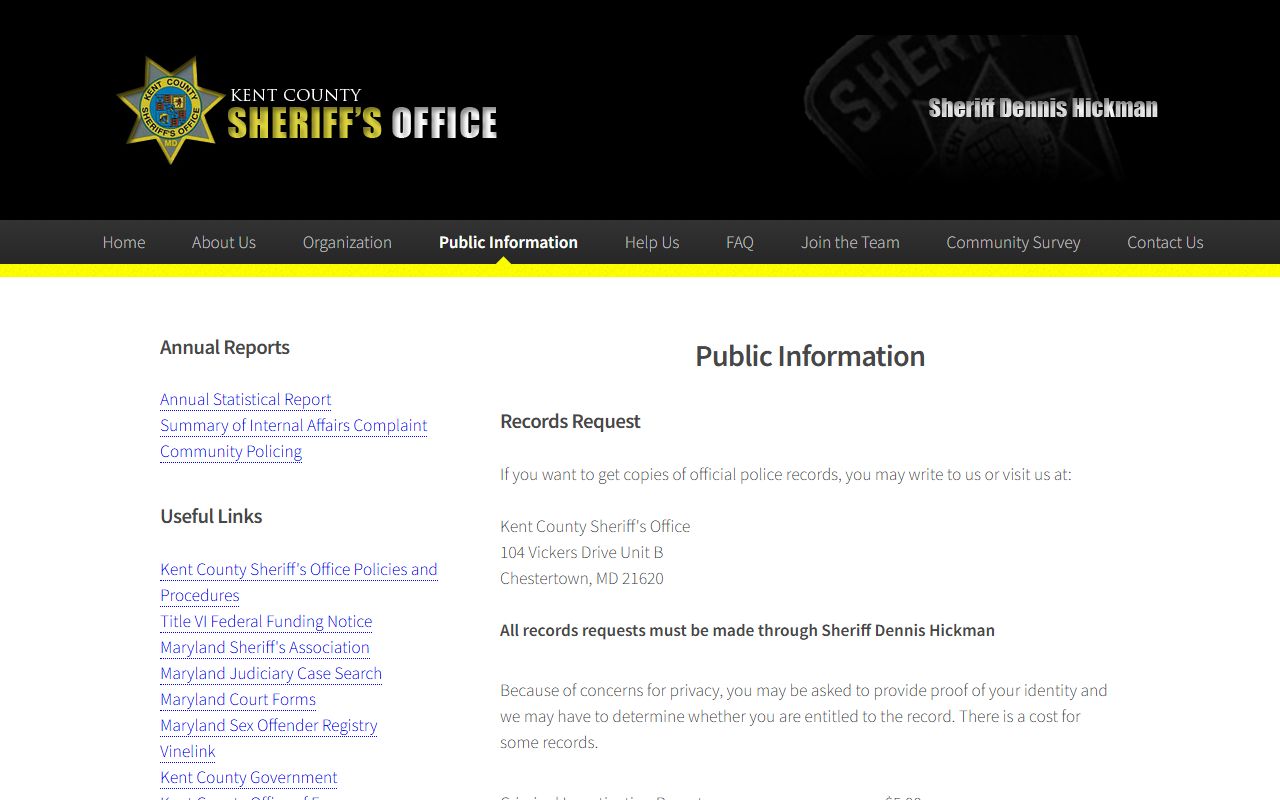 Kent County Sheriff's Office records request and report fee page